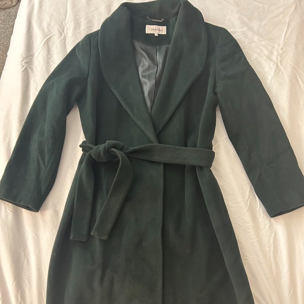 Calvin Klein Emerald Green Wool Angora Belted Dress Coat Women’s Size 12 - Picture 3 of 9